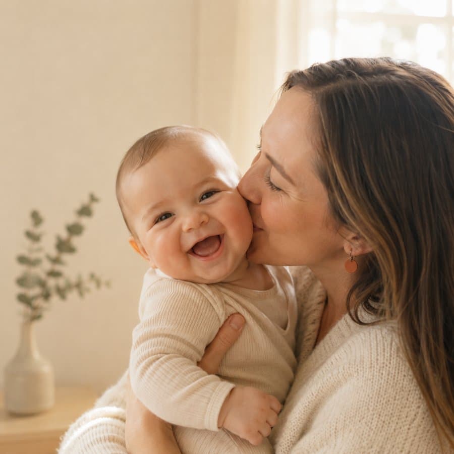 Een moeder kust haar lachende baby liefdevol op de wang